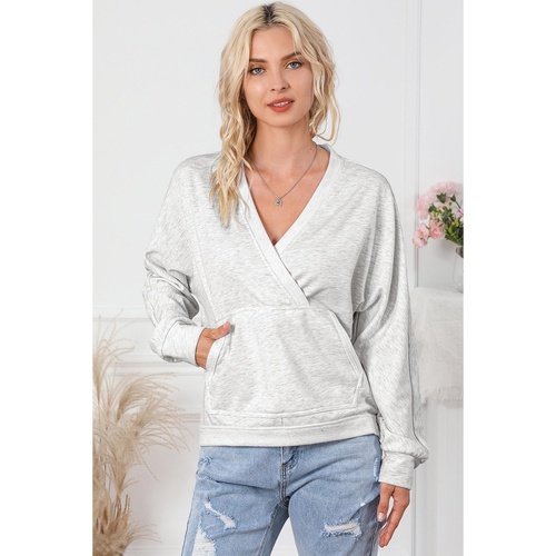 Gray Contrast Trim V Neck Wrap Sweatshirt with Pocket - S - Main Image