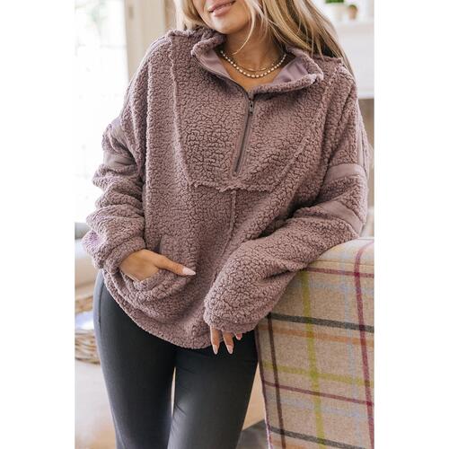 Azura Exchange Dusty Pink Collared Half Zip Fluffy Sweatshirt - L - Main Image