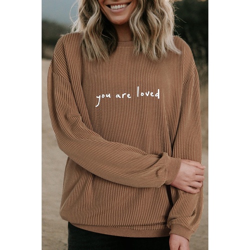 Khaki You Are Loved Print Corduroy Sweatshirt - L - Main Image