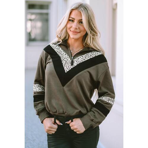 Azura Exchange Leopard Contrast Splicing Quarter Zip Sweatshirt - M - Main Image