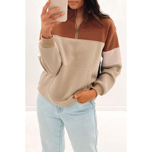 Azura Exchange Color Block Zip Mock Neck Pocketed Sweatshirt - S - Main Image