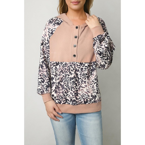 Leopard Print Buttoned Neckline Raglan Sleeve Hoodie - XL - Main Image