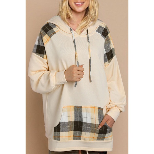 Khaki Plaid Patchwork Kangaroo Pocket Oversized Hoodie - L - Main Image