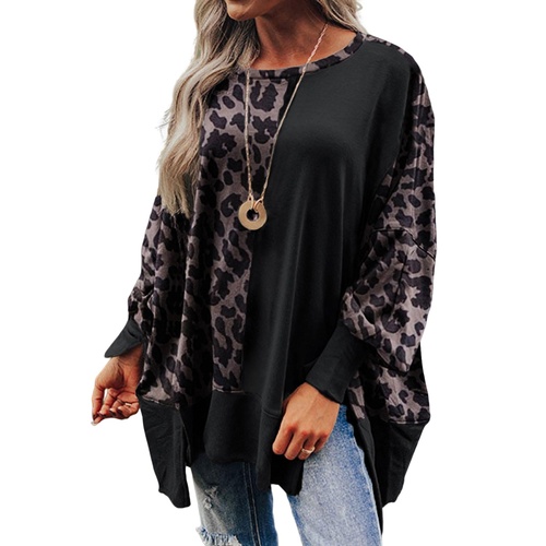 Black Leopard Patchwork Bishop Sleeve Slit Sweatshirt - M - Main Image
