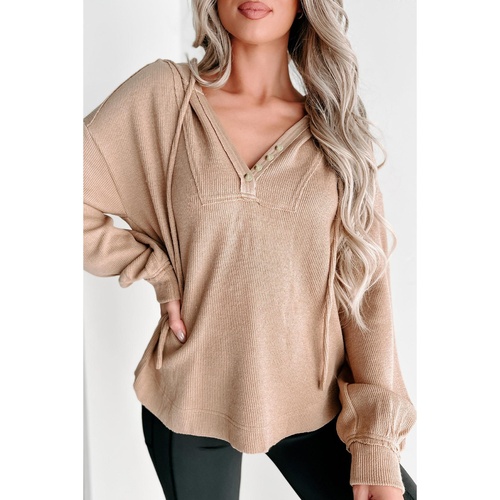 Khaki Buttoned V Neck Drawstring Knit Hoodie - S - Main Image