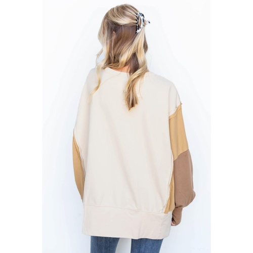 Khaki Color Block Sleeve Patchwork Oversized Sweatshirt - S - Main Image