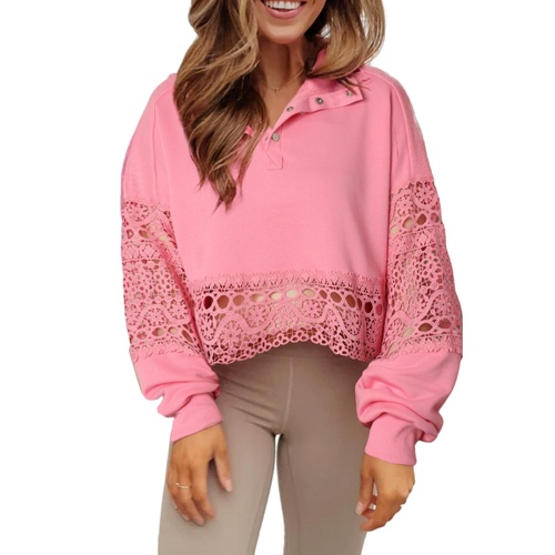 Pink Hollowed Lace Splicing Cropped Sweatshirt - S - Main Image