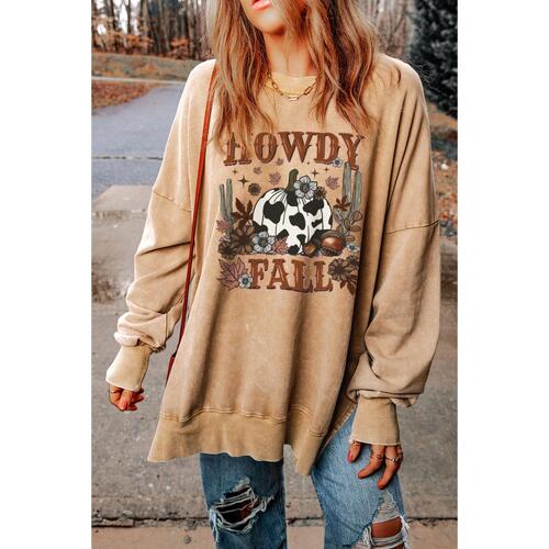 Azura Exchange Howdy Fall Pumpkin Print Split Hem Sweatshirt - L - Main Image