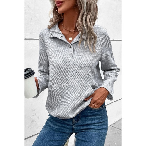 Light Grey Textured Knit Buttoned Kangaroo Pocket Sweatshirt - L - Main Image