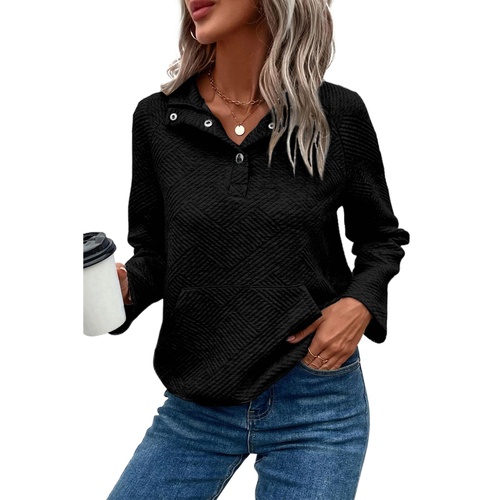 Black Textured Knit Buttoned Kangaroo Pocket Sweatshirt - L - Main Image
