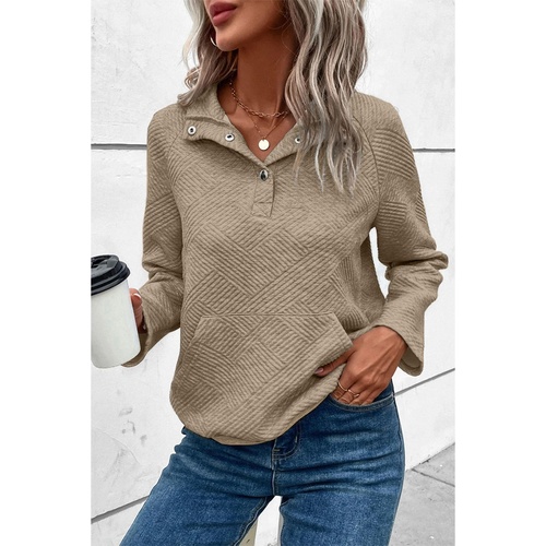 Pale Khaki Textured Knit Buttoned Kangaroo Pocket Sweatshirt - L - Main Image