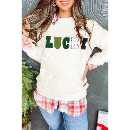 White LUCKY Chenille Embroidered Cable Knit Pullover Sweatshirt - L - Main Image