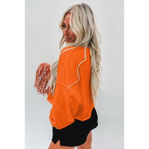 Orange Game Day Lettering Rugby Notched Neck Sweatshirt - L - Main Image
