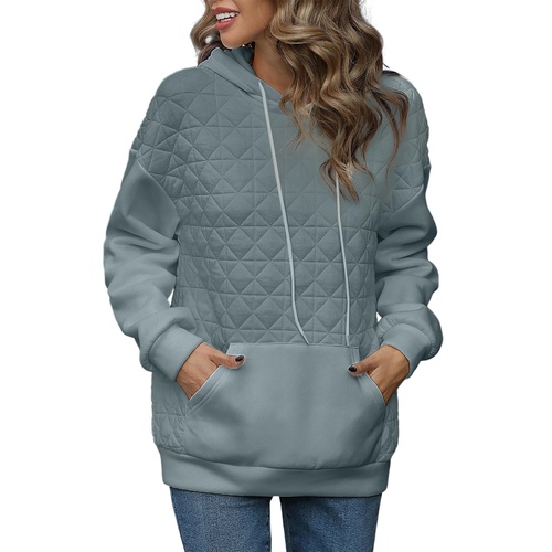 Light Grey Drop Shoulder Quilted Patchwork Kangaroo Pocket Hoodie - L - Main Image