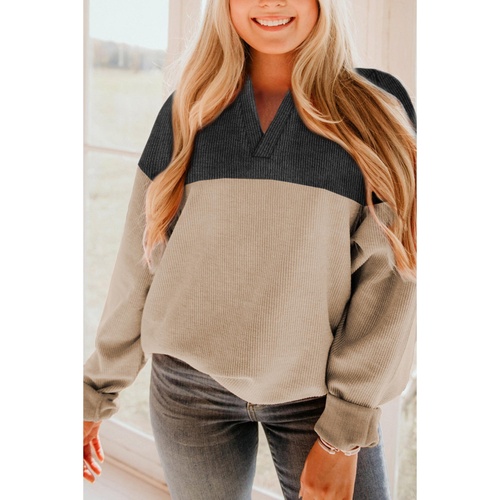 Carbon Grey Notched Neck Colorblock Corded Sweatshirt - L - Main Image
