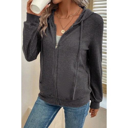 Dark Grey Ribbed Zip Up Front Drawstring Hoodie - L - Main Image