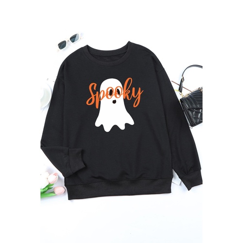 Black Halloween Spooky Ghost Print Crewneck Pullover Sweatshirt - L - Main Image