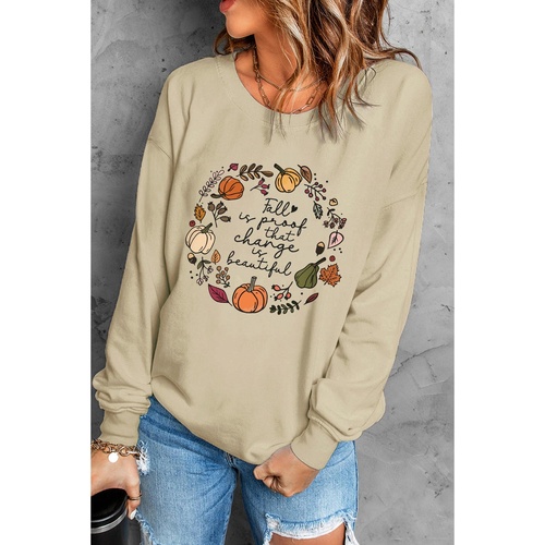 Khaki Fall Vibe Pumpkin Print Round Neck Sweatshirt - S - Main Image