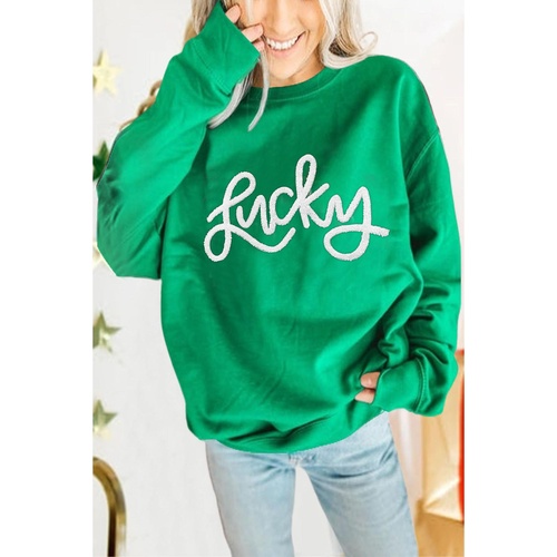 Green LUCKY Aphabet Chenille Embroidered Pullover Sweatshirt - S - Main Image