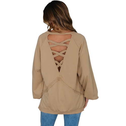 Light French Beige Solid Color Lattice Hollow Out Back Sweatshirt - L - Main Image