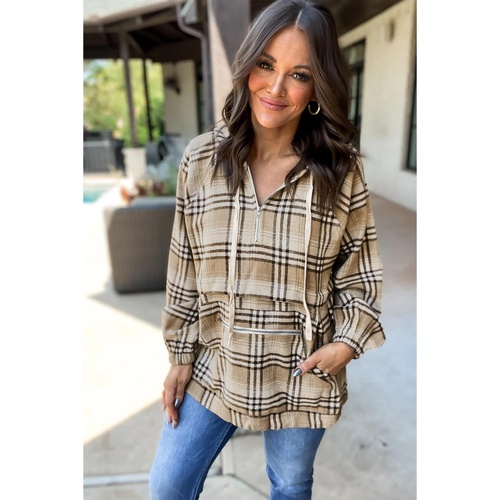 Khaki Printed Zipped Front Pullover Plaid Hoodie - L - Main Image