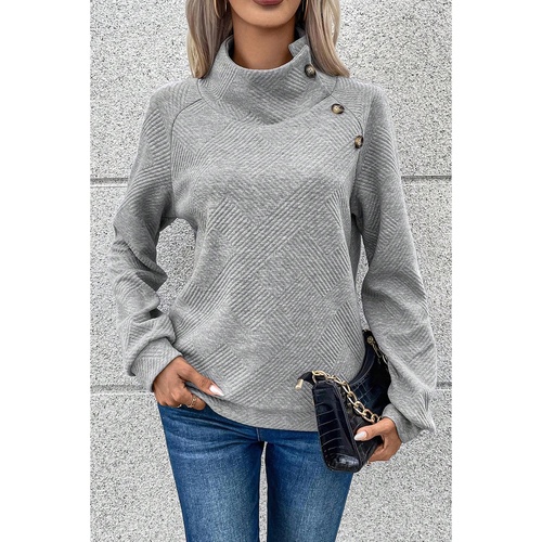 Gray Asymmetric Buttons Detail High Neck Textured Sweatshirt - XL - Main Image