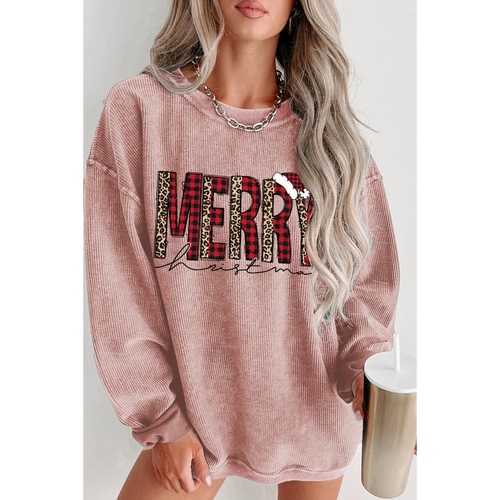Pink MERRY Christmas Plaid Leopard Print Corded Sweatshirt - S - Main Image