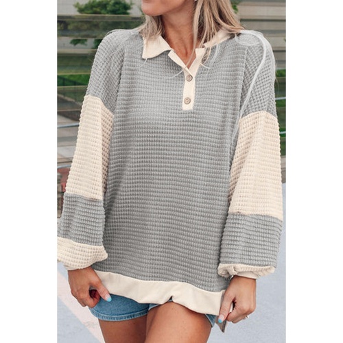 Khaki Textured Colorblock Collared Henley Top - L - Main Image