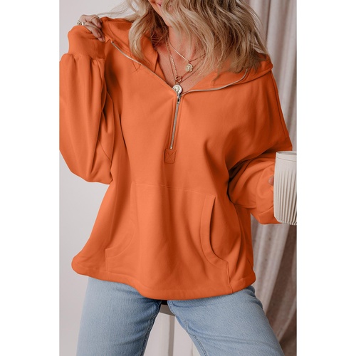 Orange Fleece Lined Half Zipper Kangaroo Pockets Loose Hoodie - L - Main Image