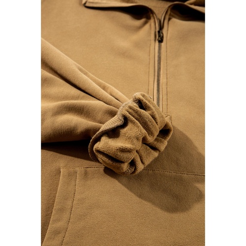 Brown Fleece Lined Half Zipper Kangaroo Pockets Loose Hoodie - S - Main Image