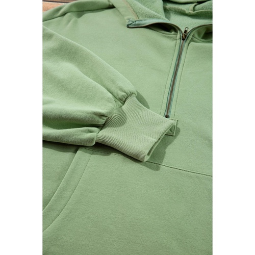 Smoke Green Fleece Lined Half Zipper Kangaroo Pockets Loose Hoodie - 2XL - Main Image