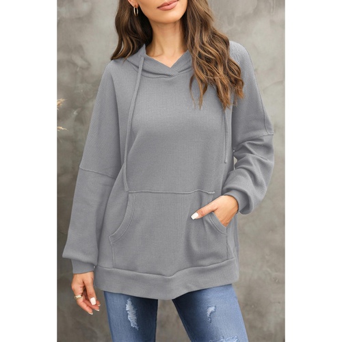 Gray Waffle Knit Fleece Lined High Low Oversized Hoodie - M - Main Image