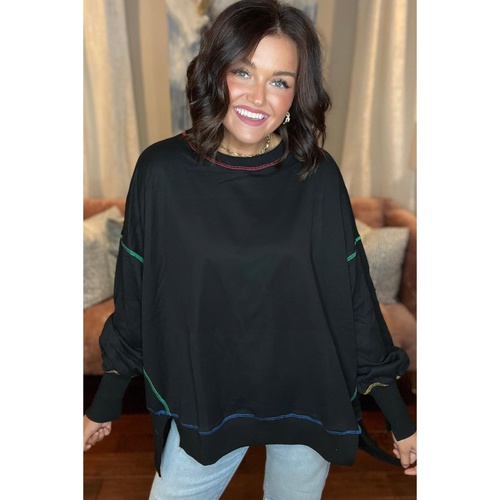 Black Contrast Stitching Split Baggy Sweatshirt - L - Main Image