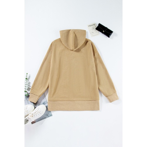 Simply Taupe Solid Ribbed Knit Buttoned Drop Shoulder Oversized Hoodie - 2XL - Main Image