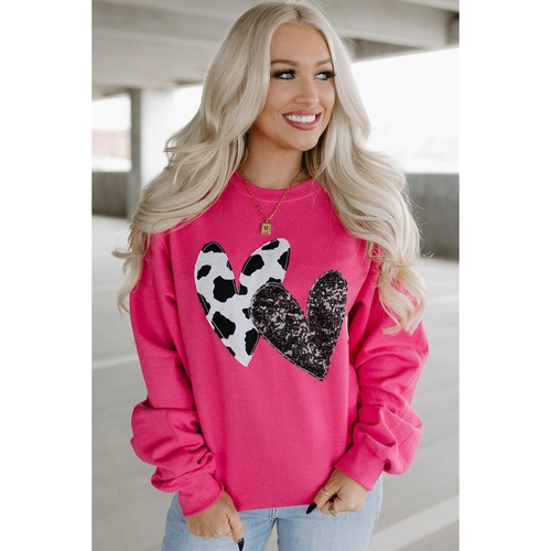 Strawberry Pink Cow & Sequin Double Heart Patch Graphic Sweatshirt - L - Main Image