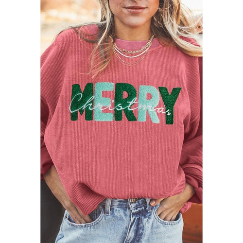 Strawberry Pink MERRY Christmas Corded Pullover Sweatshirt - L - Main Image