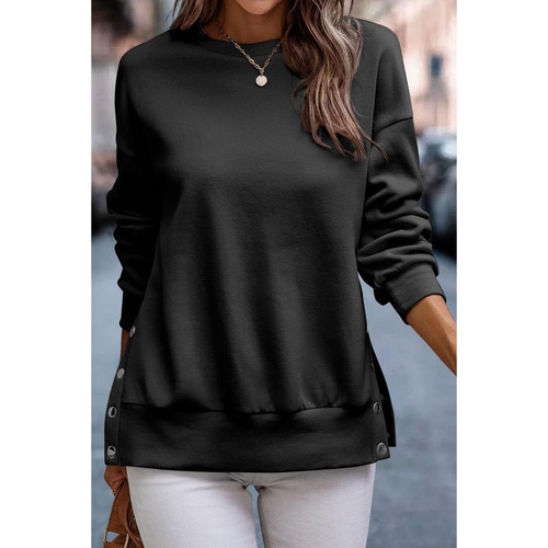 Black Snap Buttons Side Splits Pullover Sweatshirt - S - Main Image