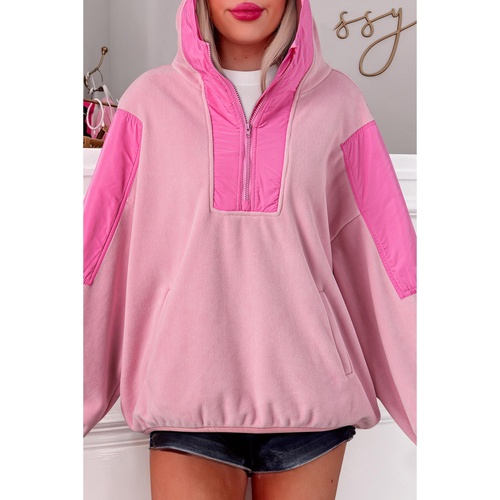 Pink Colorblock Patchwork Half Zip Oversized Sherpa Hoodie - XL - Main Image
