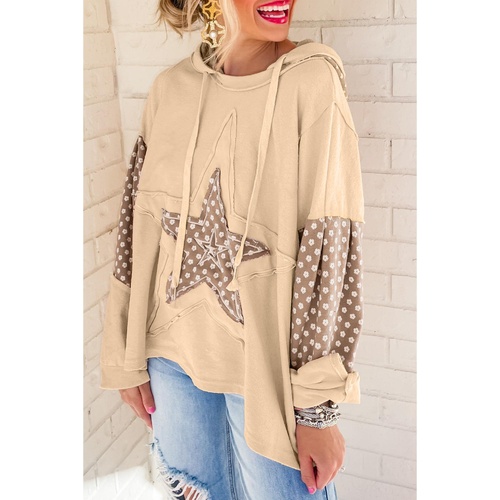 Apricot Floral Patchwork Star Pattern Drawstring Hoodie - XL - Main Image