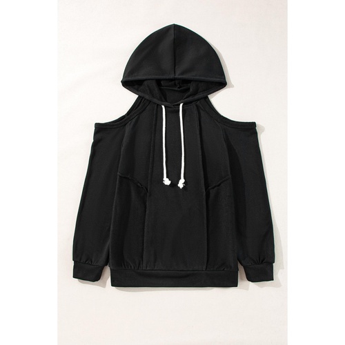 Black Exposed Seam Cold Shoulder Drawstring Hoodie - S - Main Image