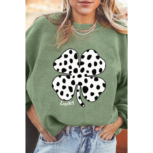 Azura Exchange Grass Green Western Cow Clover Print Crewneck Corded Sweatshirt - 2XL - Main Image