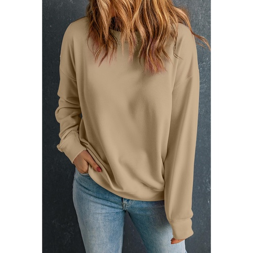 Khaki Solid Classic Crewneck Pullover Sweatshirt - M - Main Image