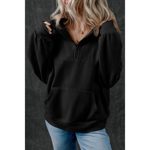 Black Zip-up Stand Neck Kangaroo Pocket Sweatshirt - S - Main Image