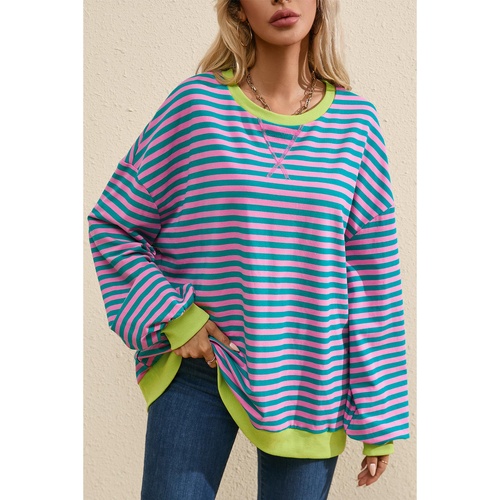 Green Stripe Oversized Contrast Trim Pullover Sweatshirt - XL - Main Image