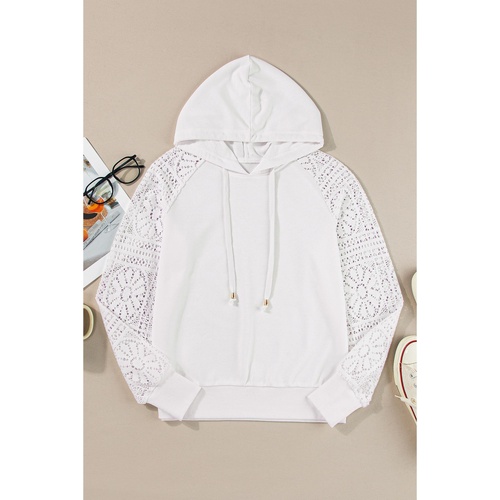White Lace Patchwork Sleeve Drawstring Hoodie - S - Main Image