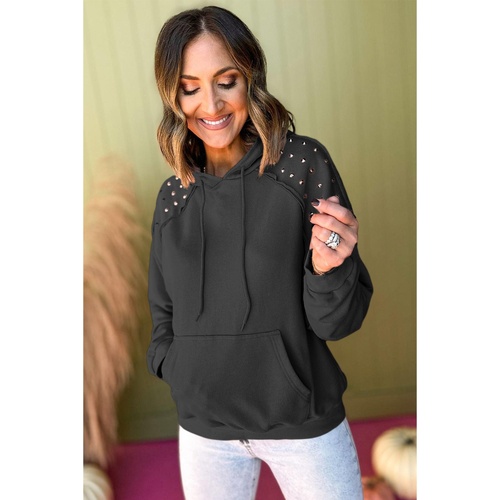 Black Solid Color Rivet Stud Raglan Sleeve Hoodie with Pocket - M - Main Image