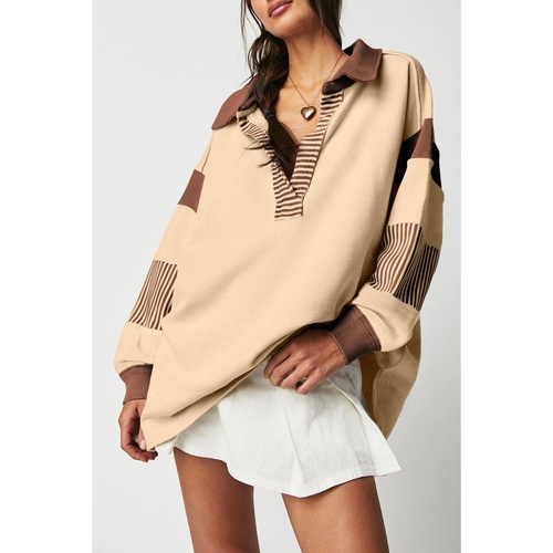 Light French Beige Striped Colorblock Patchwork Collar Sweatshirt - 2XL - Main Image
