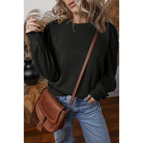 Black Textured Patchwork Round Neck Sweatshirt - S - Main Image