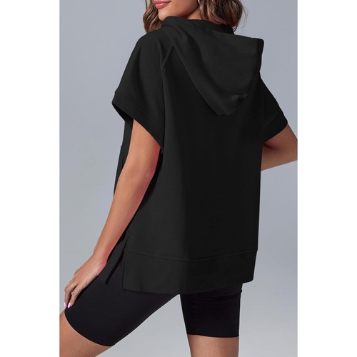 Black Half Zipper Kangaroo Pocket Short Sleeve Hoodie - L - Main Image