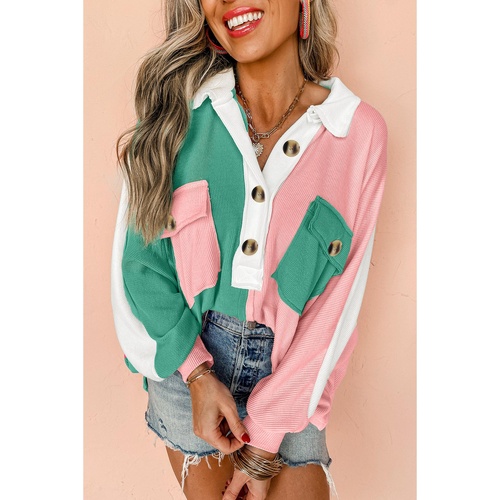 Pink Colorblock Ribbed Collared Oversized Sweatshirt - XL - Main Image